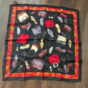 Vintage Brighton 100% Silk Scarf w/Purse Shoes Jewelry Print Black Red 21x21”